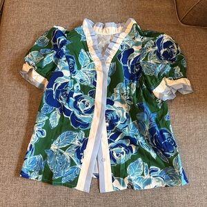 Amazon Blue and Green Floral Blouse V-Neck Top